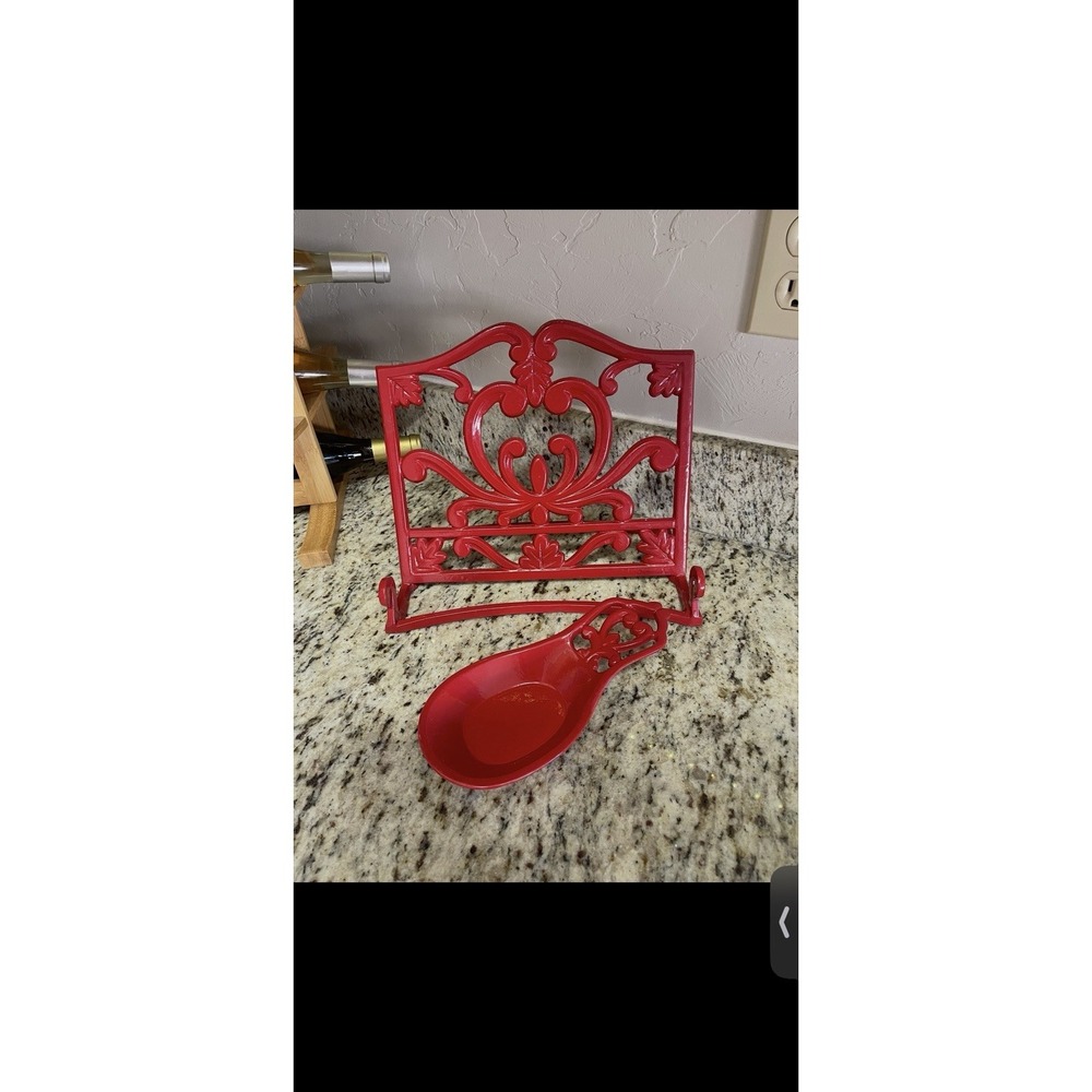 Red Enameled Cast Iron Cookbook Stand Spoon Rest Set Ornate Kitchen Decor